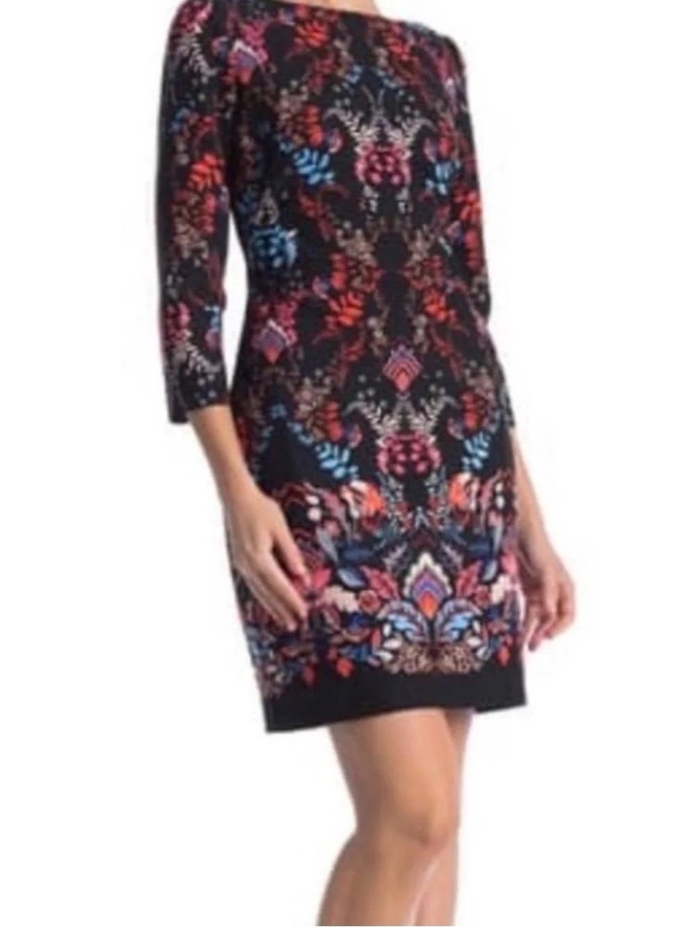 Vince Camuto Black Scuba Sheath Botanical & Floral 3/4 Sleeve Dress Women's 6